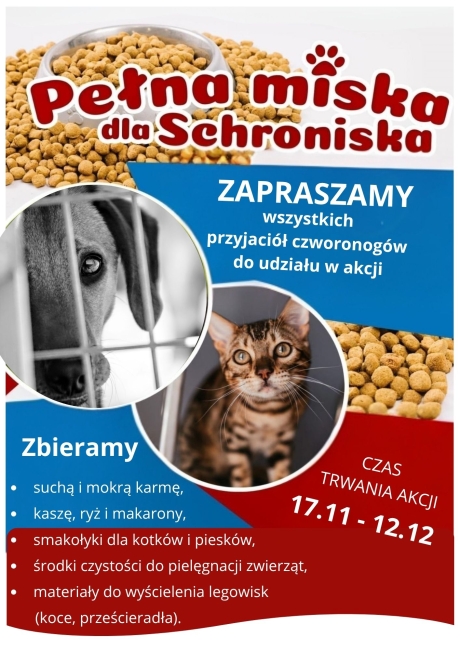 Zachęcamy do udziału w akcji "Pełna miska dla schroniska"
